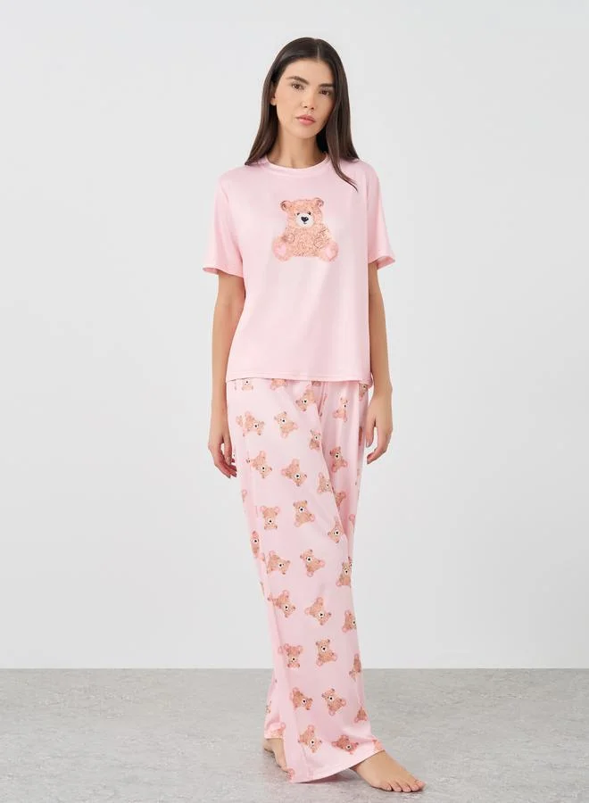 Take Two Take Two Bear Graphic Print T-Shirt and Pyjama Set