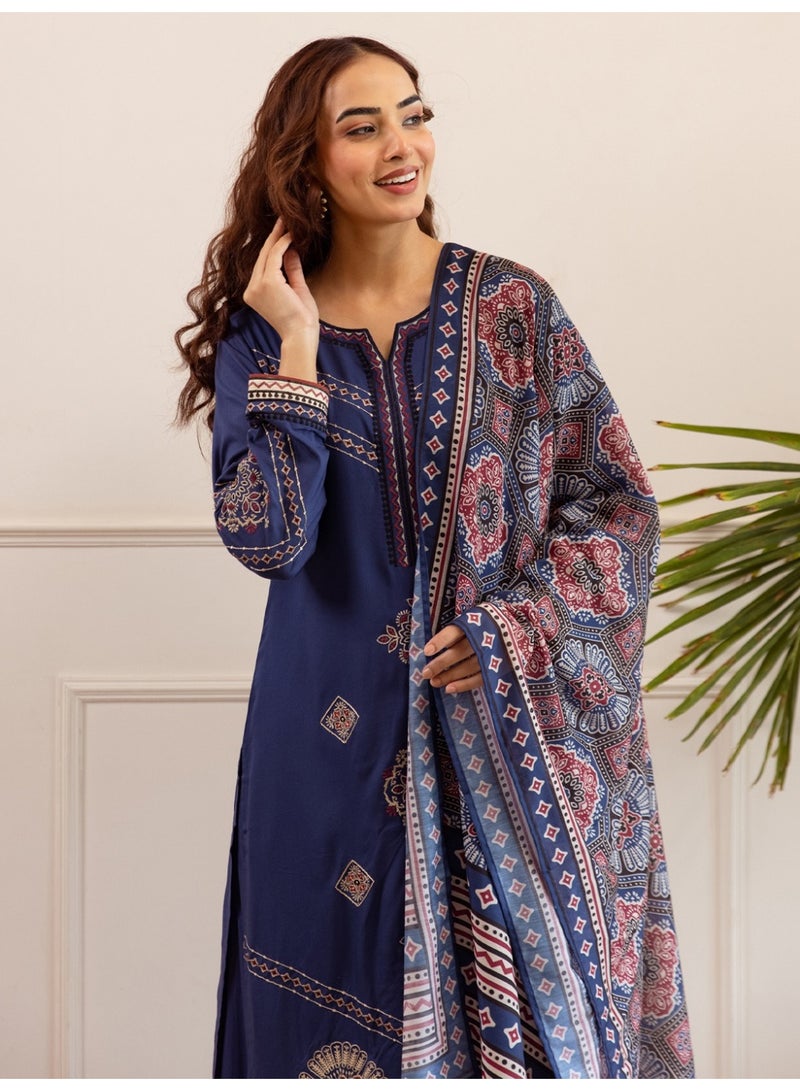 Ameya Blue-embroidered-viscose-rayon-straight-kurta-palazzos-with-dupatta - Image 1