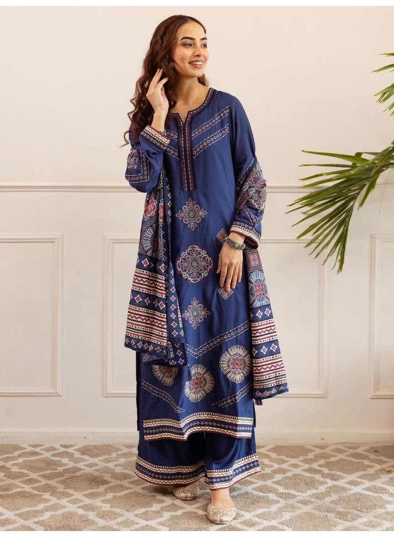 Ameya  Blue-embroidered-viscose-rayon-straight-kurta-palazzos-with-dupatta  | Best Price UAE