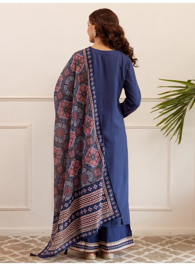 Ameya  Blue-embroidered-viscose-rayon-straight-kurta-palazzos-with-dupatta  | Best Price UAE
