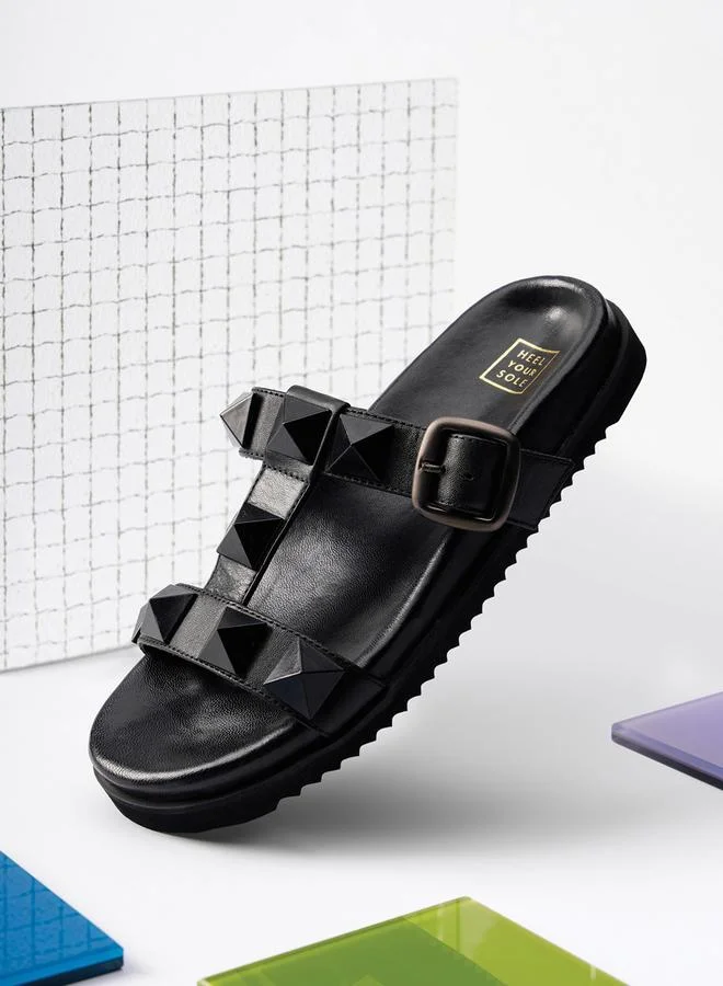 Take Two Pyramid Studded Slides with Buckle Detail By Heel Your Sole