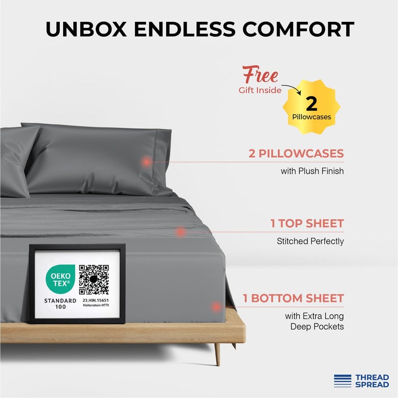 THREAD SPREAD 100% Egyptian Cotton King Size Sheets Set - Luxury 1200 Thread Count Egyptian Cotton Sheets King Size, 17" Deep Pocket, Soft, Cooling Sateen Weave Hotel Quality Bedding Set - Dark Grey - Image 3
