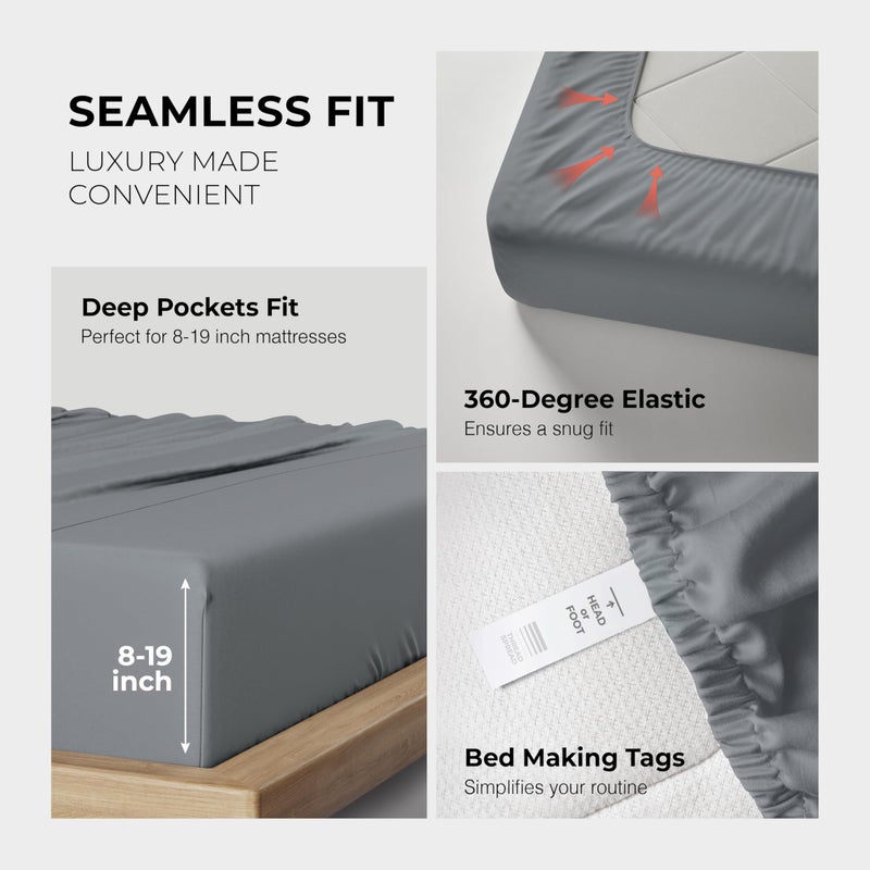 THREAD SPREAD 100% Egyptian Cotton King Size Sheets Set - Luxury 1200 Thread Count Egyptian Cotton Sheets King Size, 17" Deep Pocket, Soft, Cooling Sateen Weave Hotel Quality Bedding Set - Dark Grey - Image 5