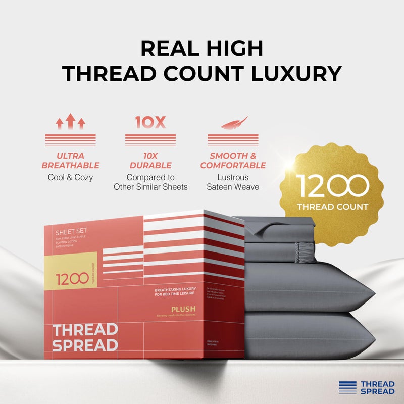 THREAD SPREAD 100% Egyptian Cotton King Size Sheets Set - Luxury 1200 Thread Count Egyptian Cotton Sheets King Size, 17" Deep Pocket, Soft, Cooling Sateen Weave Hotel Quality Bedding Set - Dark Grey - Image 2