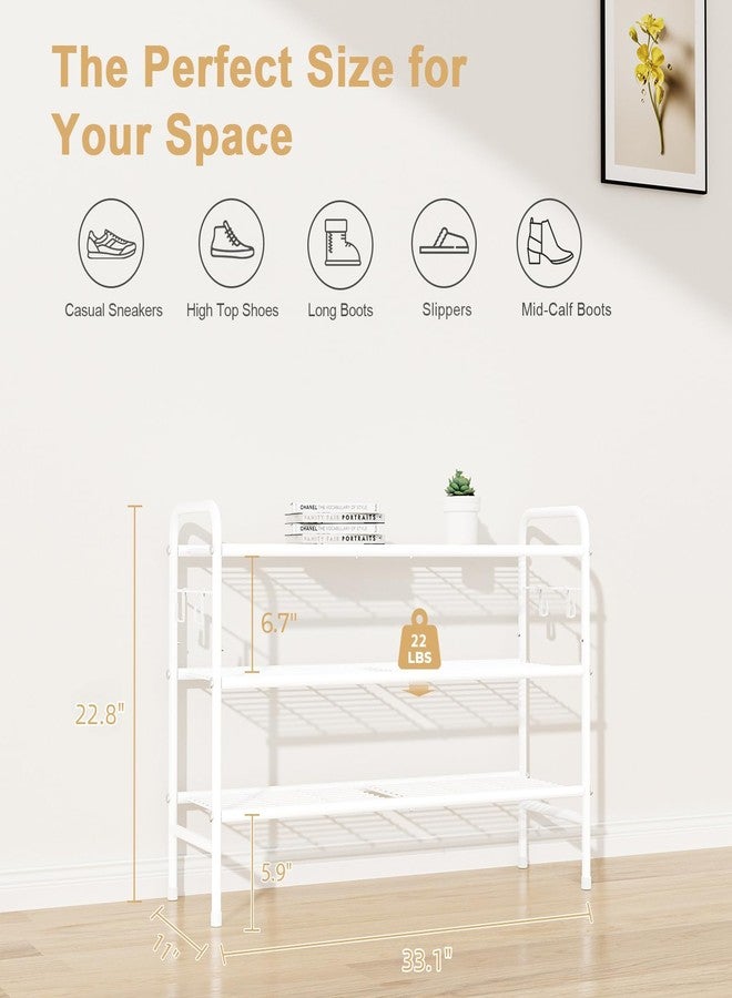 VILICK 3 Tier Shoe Rack 33" Wide Metal Shoe Organizer Long Shoe Storage with 4 Side Hooks Sturdy Shoes Shelf for Front Door Entrance, Closet, Garage, Dorm, White - Image 3