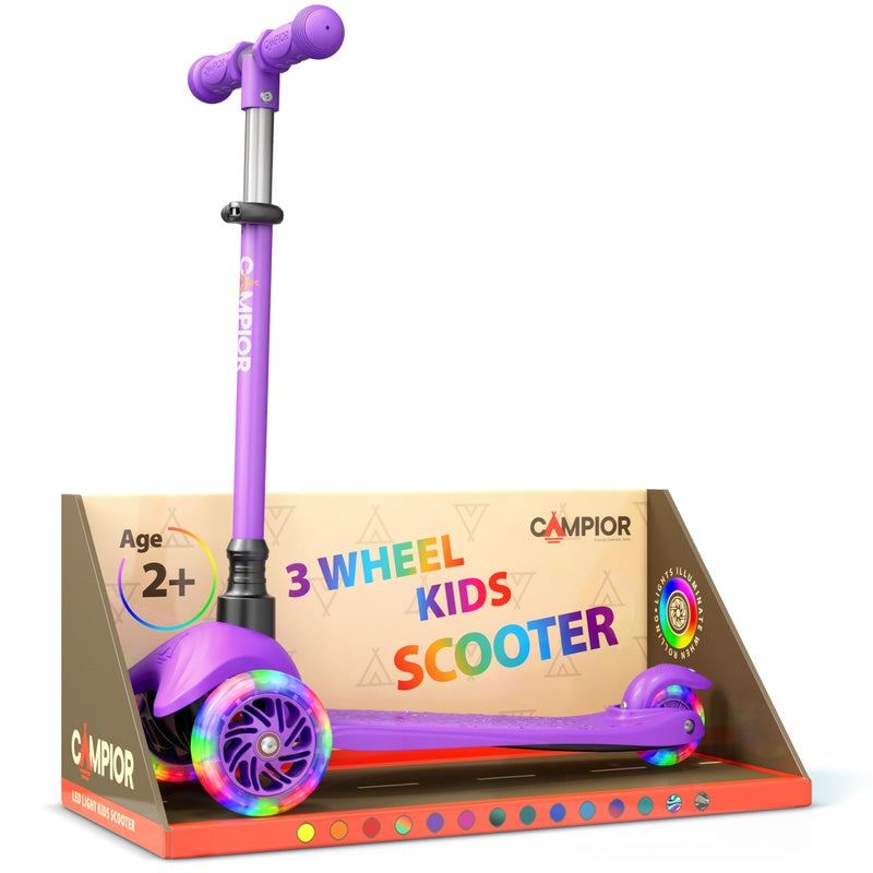 Campior Purple Mini 3 Wheel Scooter for Kids LeantoSteer with LED LightUp Wheels Adjustable Handlebar Wide AntiSlip Deck Smooth PU Wheels Rear Foot Brake Toddler Scooter for Ages 2 - Image 2