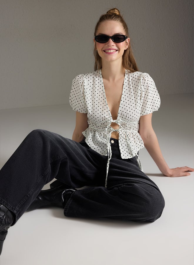 trendyol White Front Tie Detail Polka Dot V Neck Shirt - Image 2