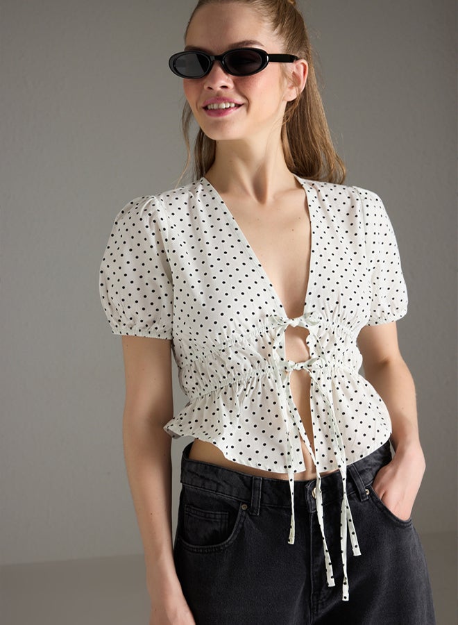 trendyol White Front Tie Detail Polka Dot V Neck Shirt - Image 1