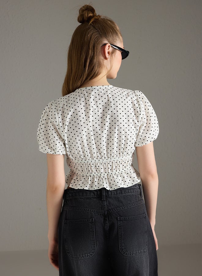 trendyol White Front Tie Detail Polka Dot V Neck Shirt - Image 4