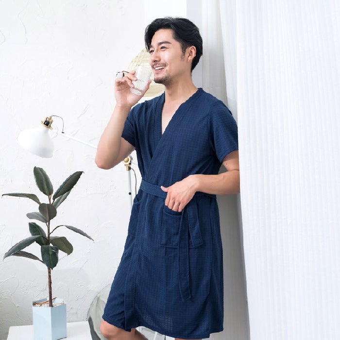 Couple Nightgown Waffle Long Sleeve El Bathrobe Men'S And Women'S Morning Robe Couple Pajamas Mid-Length Home Clothes - Image 1