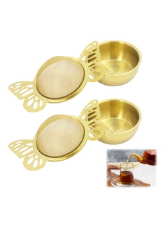 2 Pieces Tea Strainers with Drip Bowl Fine Mesh Stainless Steel Loose Leaf Tea Filter with Butterfly Handle Reusable Tea Interval Diffuser for Coffee Herbal Spice Juice Filter Gold