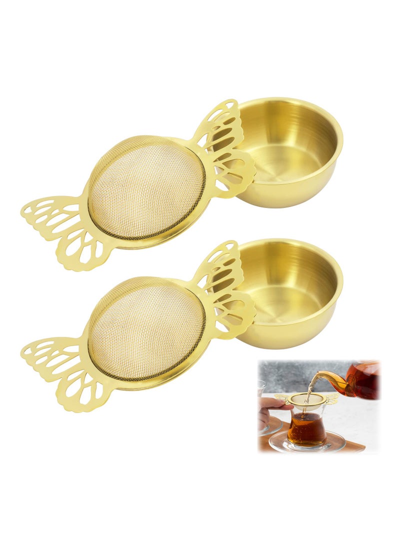 SYOSI - 2 Pieces Tea Strainers with Drip Bowl Fine Mesh Stainless Steel Loose Leaf Tea Filter with Butterfly Handle Reusable Tea Interval Diffuser for Coffee Herbal Spice Juice Filter Gold - Image 1