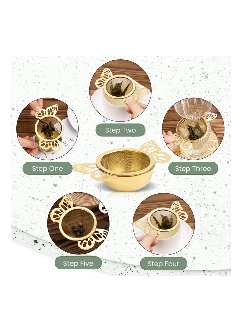 SYOSI - 2 Pieces Tea Strainers with Drip Bowl Fine Mesh Stainless Steel Loose Leaf Tea Filter with Butterfly Handle Reusable Tea Interval Diffuser for Coffee Herbal Spice Juice Filter Gold - Image 1