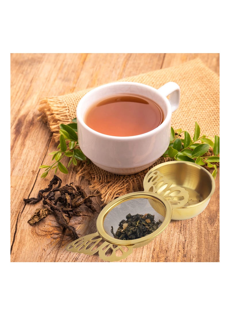 SYOSI - 2 Pieces Tea Strainers with Drip Bowl Fine Mesh Stainless Steel Loose Leaf Tea Filter with Butterfly Handle Reusable Tea Interval Diffuser for Coffee Herbal Spice Juice Filter Gold - Image 1