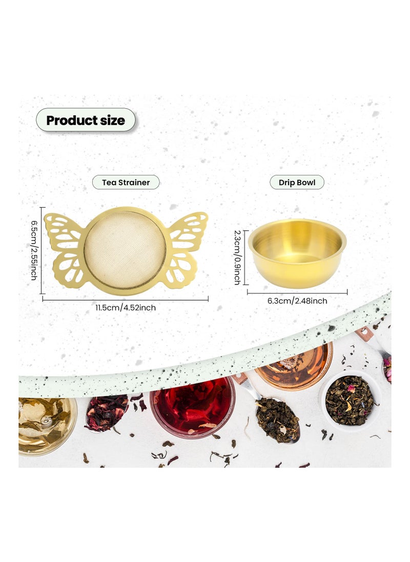 SYOSI - 2 Pieces Tea Strainers with Drip Bowl Fine Mesh Stainless Steel Loose Leaf Tea Filter with Butterfly Handle Reusable Tea Interval Diffuser for Coffee Herbal Spice Juice Filter Gold - Image 1
