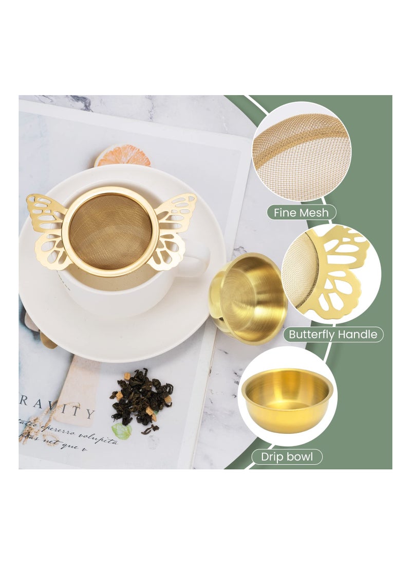 SYOSI - 2 Pieces Tea Strainers with Drip Bowl Fine Mesh Stainless Steel Loose Leaf Tea Filter with Butterfly Handle Reusable Tea Interval Diffuser for Coffee Herbal Spice Juice Filter Gold - Image 1
