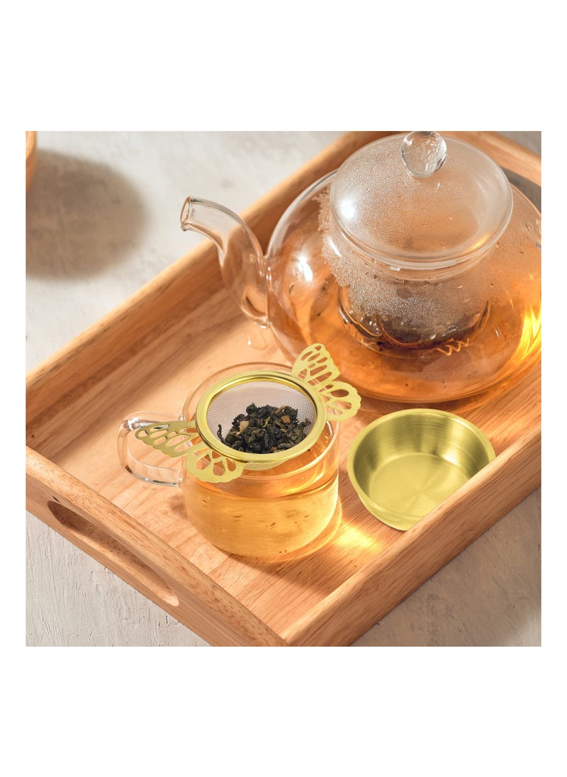 SYOSI - 2 Pieces Tea Strainers with Drip Bowl Fine Mesh Stainless Steel Loose Leaf Tea Filter with Butterfly Handle Reusable Tea Interval Diffuser for Coffee Herbal Spice Juice Filter Gold - Image 1