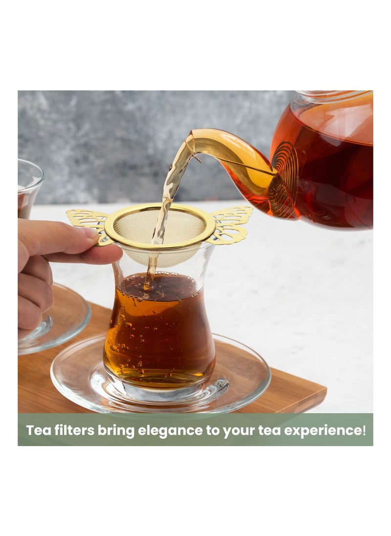 SYOSI - 2 Pieces Tea Strainers with Drip Bowl Fine Mesh Stainless Steel Loose Leaf Tea Filter with Butterfly Handle Reusable Tea Interval Diffuser for Coffee Herbal Spice Juice Filter Gold - Image 1