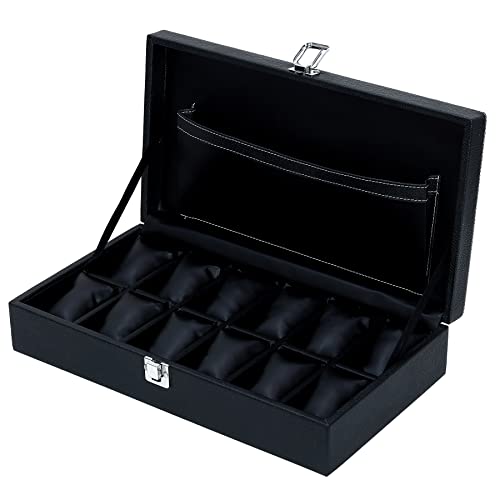 Hard Craft Watch Box Organizer Holder Jewelry Accessories Display Storage Case Watch Organiser Collection Box 12 Slots In PU Leather For Men Women (Black) - Image 1