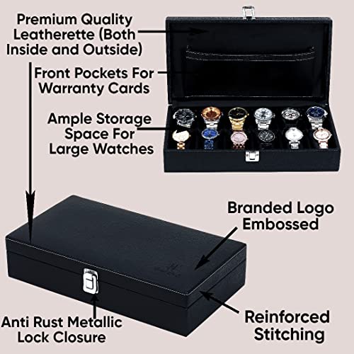 Hard Craft Watch Box Organizer Holder Jewelry Accessories Display Storage Case Watch Organiser Collection Box 12 Slots In PU Leather For Men Women (Black) - Image 4