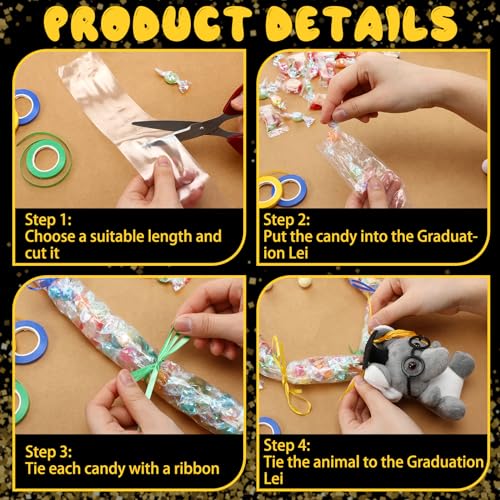 Glenmal 12 Pcs Graduation Stuffed Animal Candy Lei Making Kit Included 2 Inch x 110 yd Lei Bags 3 Rolls Ribbon 8 Animals Bulk 1 Roll Poly Tubing Class of 2025 Graduation Gift Kit - Image 5