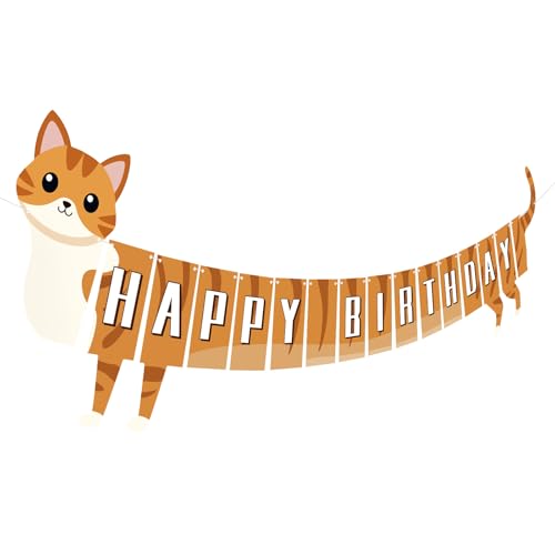 Adecortalk Cat Happy Birthday Banner Orange Cat Banner Bunting Flag Garland Party Decorations for Kids Boys Girls Birthday Baby Shower Carnival Party Supplies - Image 1