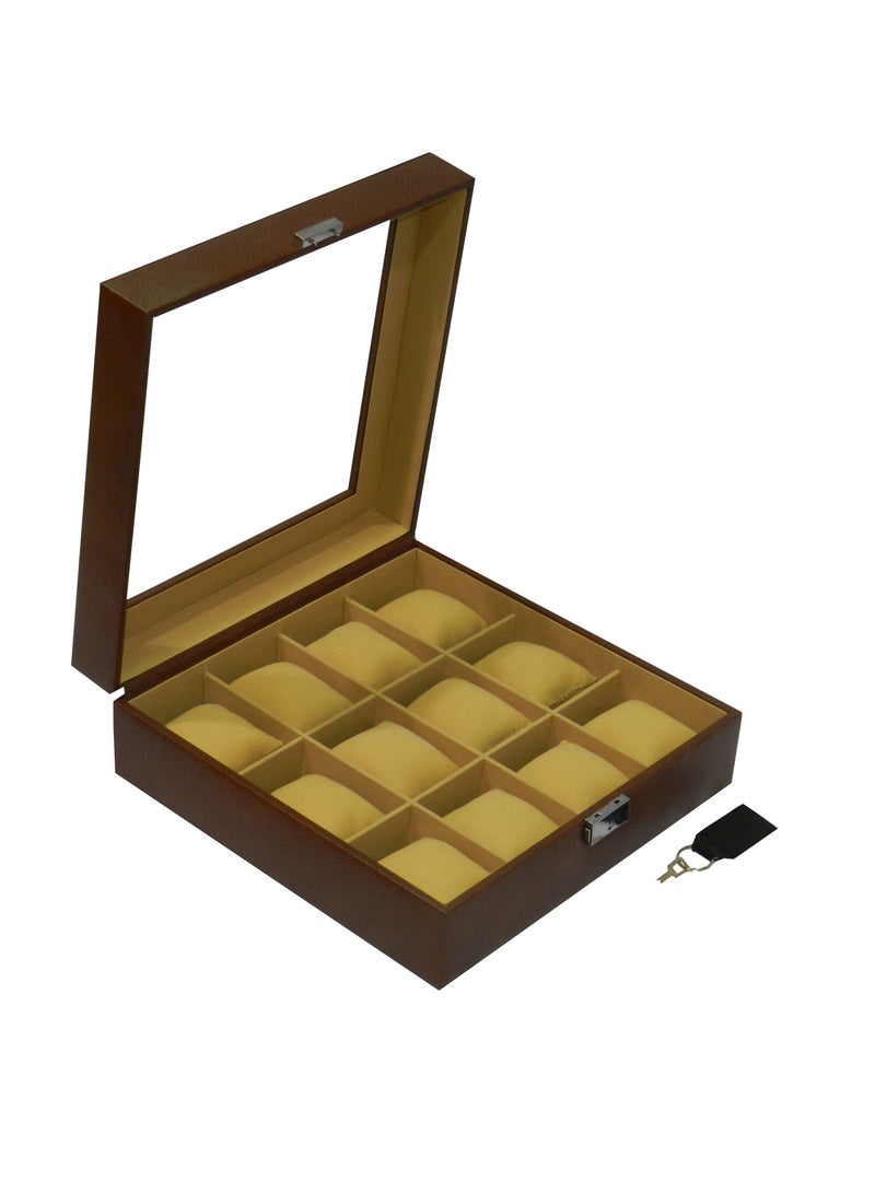 LAVERI LEATHER Laveri Watch Box  for Men Women (12 Slots), Premium PU Leather Watch Display Case Box Organizer with Crystal Glass Top, Removable Pillow - Image 4