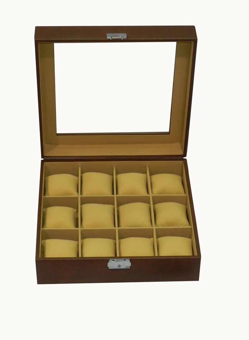 LAVERI LEATHER Laveri Watch Box  for Men Women (12 Slots), Premium PU Leather Watch Display Case Box Organizer with Crystal Glass Top, Removable Pillow - Image 1