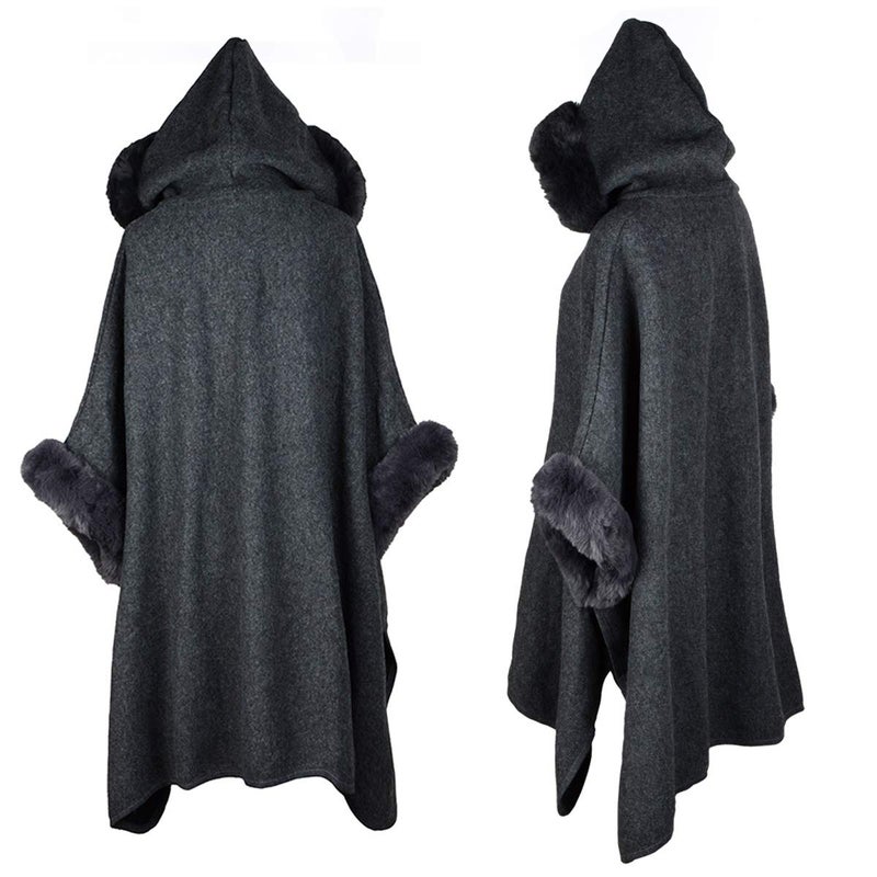 Iristide Women's Hooded Cloak Faux Rabbit Fur Cape Wrap Wool Coat Cardigan Poncho Warm (dark grey) - Image 3