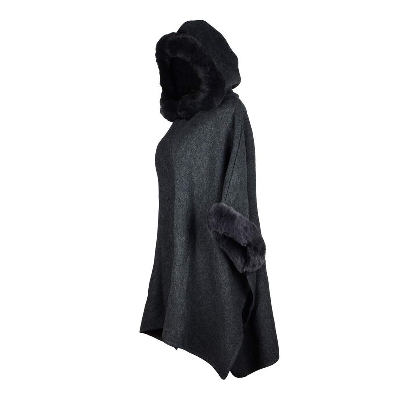 Iristide Women's Hooded Cloak Faux Rabbit Fur Cape Wrap Wool Coat Cardigan Poncho Warm (dark grey) - Image 1