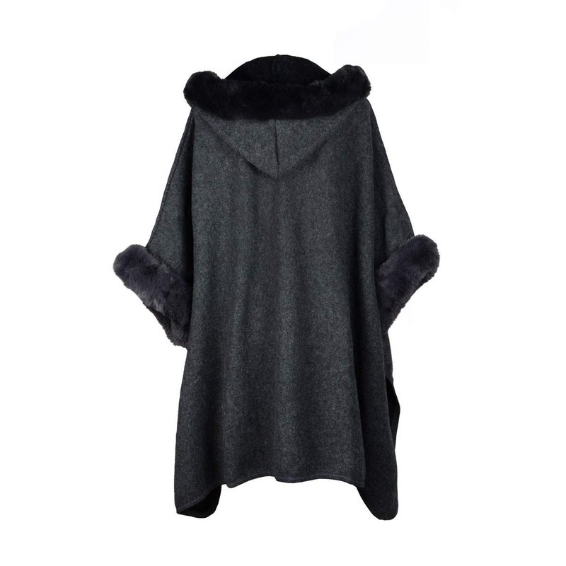 Iristide Women's Hooded Cloak Faux Rabbit Fur Cape Wrap Wool Coat Cardigan Poncho Warm (dark grey) - Image 2