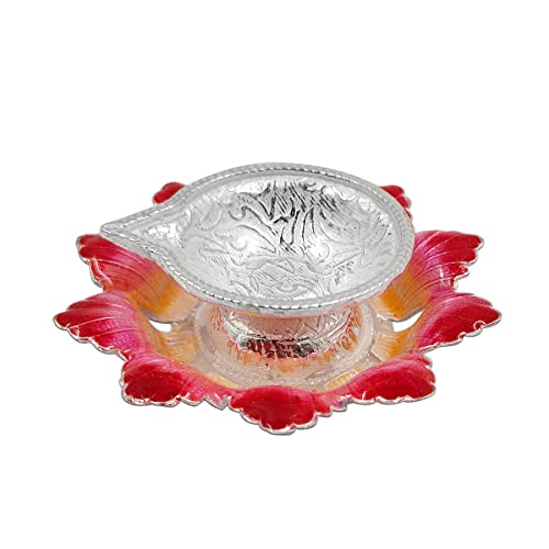 MAA SILVER Pure Silver Diya with Pinkish Red Colour Enamel & Flower Shape Base BIS Hallmarked Perfect for Gift and Pooja Use (92.5 Purity)(20 Grams Silver) - Image 3