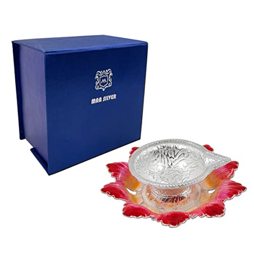 MAA SILVER Pure Silver Diya with Pinkish Red Colour Enamel & Flower Shape Base BIS Hallmarked Perfect for Gift and Pooja Use (92.5 Purity)(20 Grams Silver) - Image 4