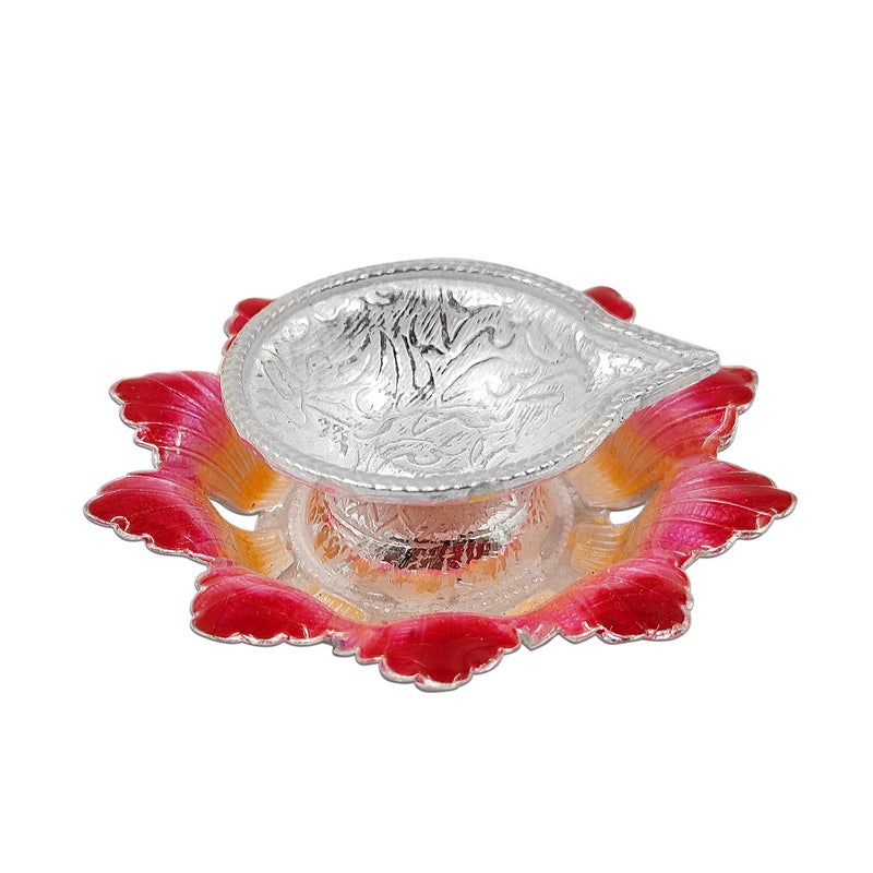 MAA SILVER Pure Silver Diya with Pinkish Red Colour Enamel & Flower Shape Base BIS Hallmarked Perfect for Gift and Pooja Use (92.5 Purity)(20 Grams Silver) - Image 5