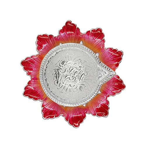 MAA SILVER Pure Silver Diya with Pinkish Red Colour Enamel & Flower Shape Base BIS Hallmarked Perfect for Gift and Pooja Use (92.5 Purity)(20 Grams Silver) - Image 2