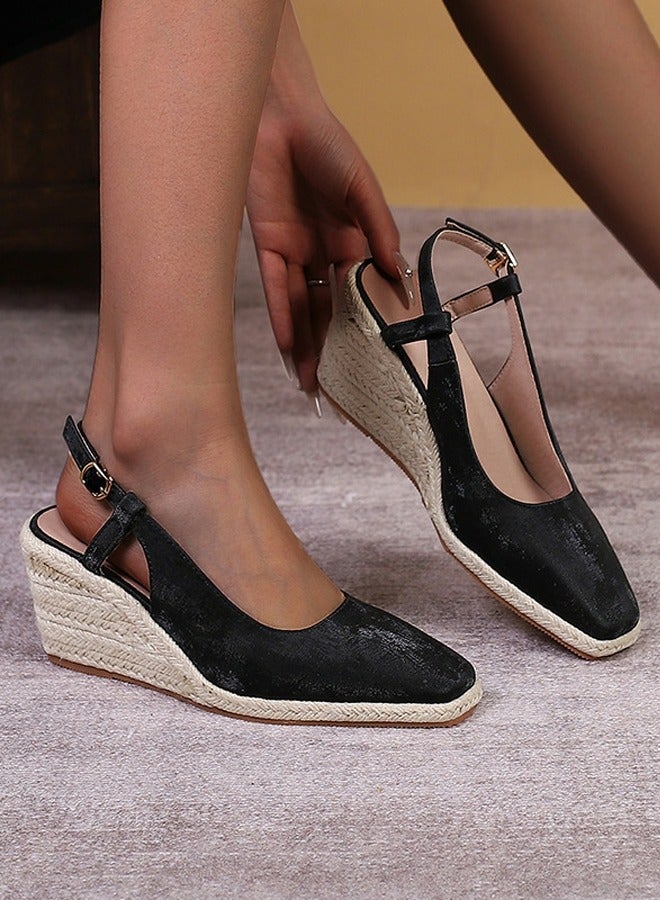 Loquat Espadrilles Wedge Sandals Closed Square Toe Slingback Buckle Strap Wedges Pumps Platform Heeled Sandal Black - Image 1