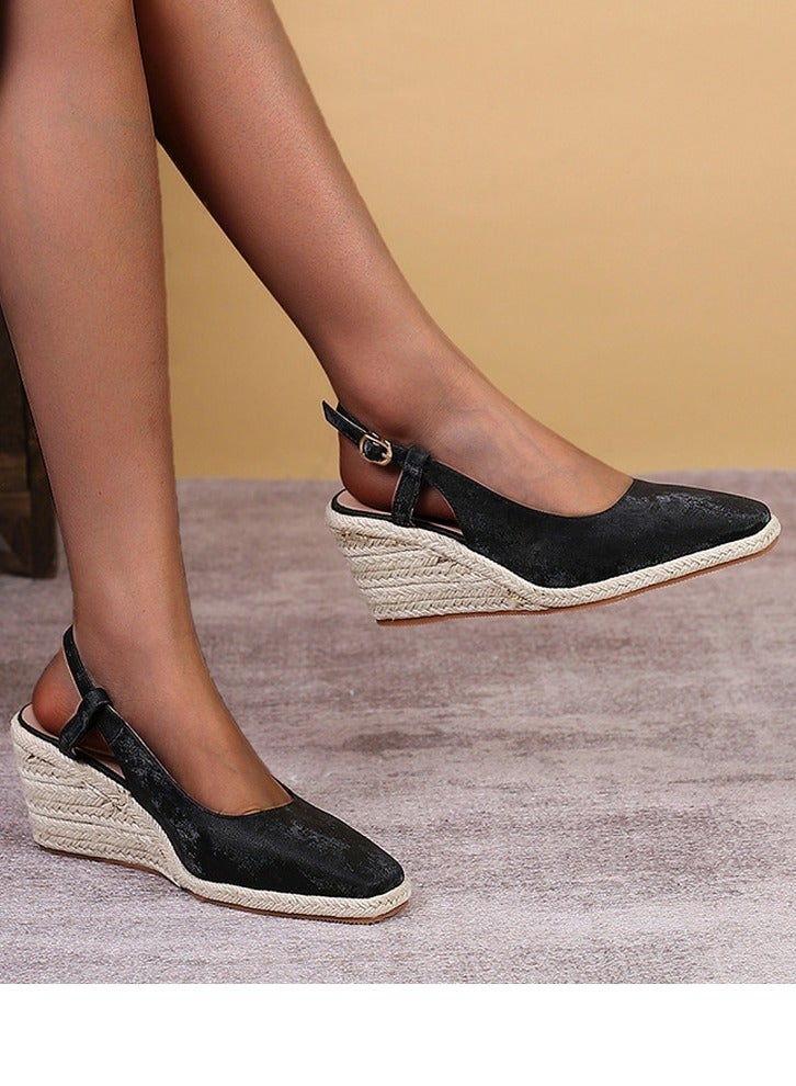 Loquat Espadrilles Wedge Sandals Closed Square Toe Slingback Buckle Strap Wedges Pumps Platform Heeled Sandal Black - Image 3