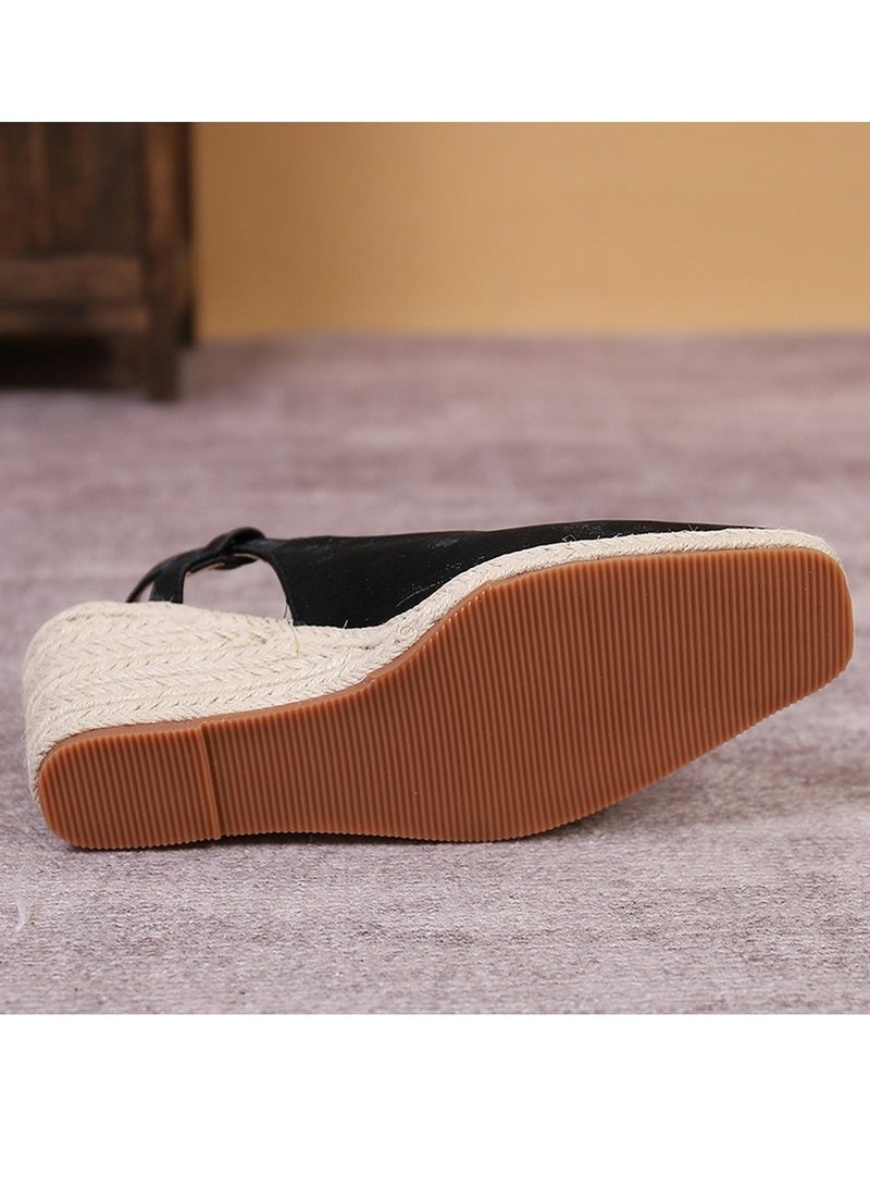 Loquat Espadrilles Wedge Sandals Closed Square Toe Slingback Buckle Strap Wedges Pumps Platform Heeled Sandal Black - Image 5