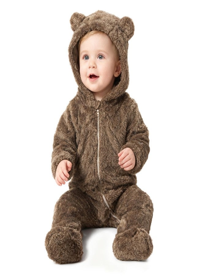 SKYTWO Baby Plush Long Sleeve Polar Fleece Jumpsuit With Bear Ears Baby Fleece Hooded Jumpsuit Infant Winter Outfit (Coffee, 9-12 Months) - Image 1
