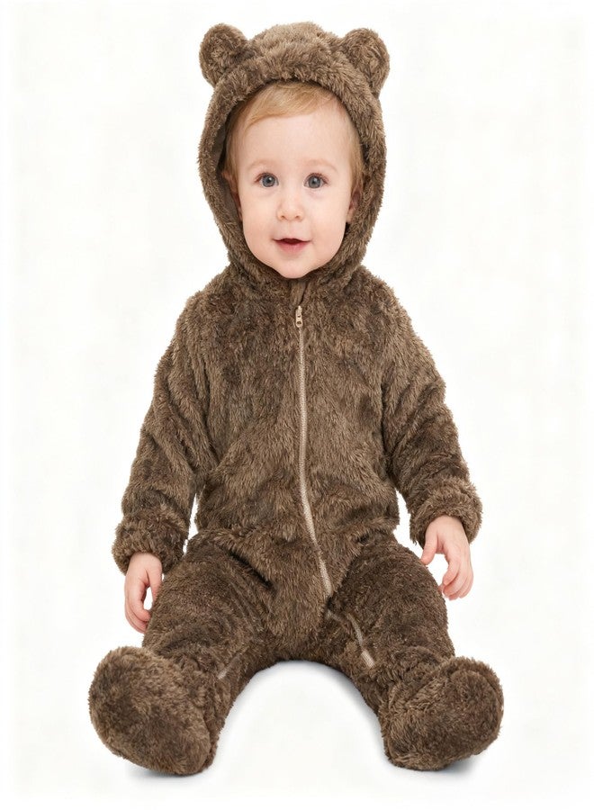 SKYTWO Baby Plush Long Sleeve Polar Fleece Jumpsuit With Bear Ears Baby Fleece Hooded Jumpsuit Infant Winter Outfit (Coffee, 9-12 Months) - Image 2