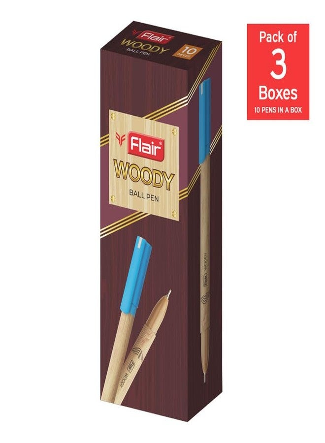 فلير قلم حبر جاف Flair Woody 0.7 مم | تصميم خشبي جذاب | نظام تدفق حبر سلس مع حبر منخفض اللزوجة | كتابة مقاومة للتلطخ | حبر أزرق، عبوة من 30 قلمًا - Image 2