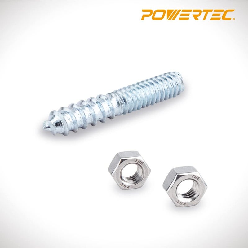 POWERTEC QHB1002 Hanger Bolts 1/4-20 x 1-1/2 Inch, 50 Pack with 2 Piece Bolt Installation Hex Nuts - Image 2