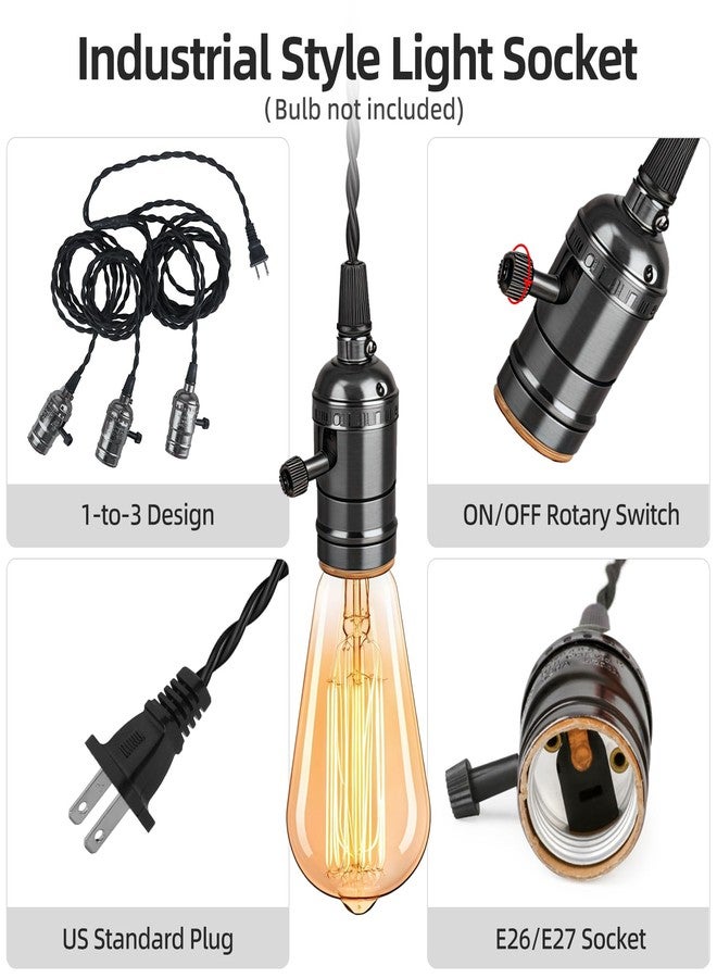 Aokpsrt Vintage Triple Light Sockets Pendant Light Kit Cord E26/E27 Industrial Hanging Lamp Cord 15.9 FT Twisted Black Cloth Bulb Cord Plug in Hanging Light Fixture - Image 3
