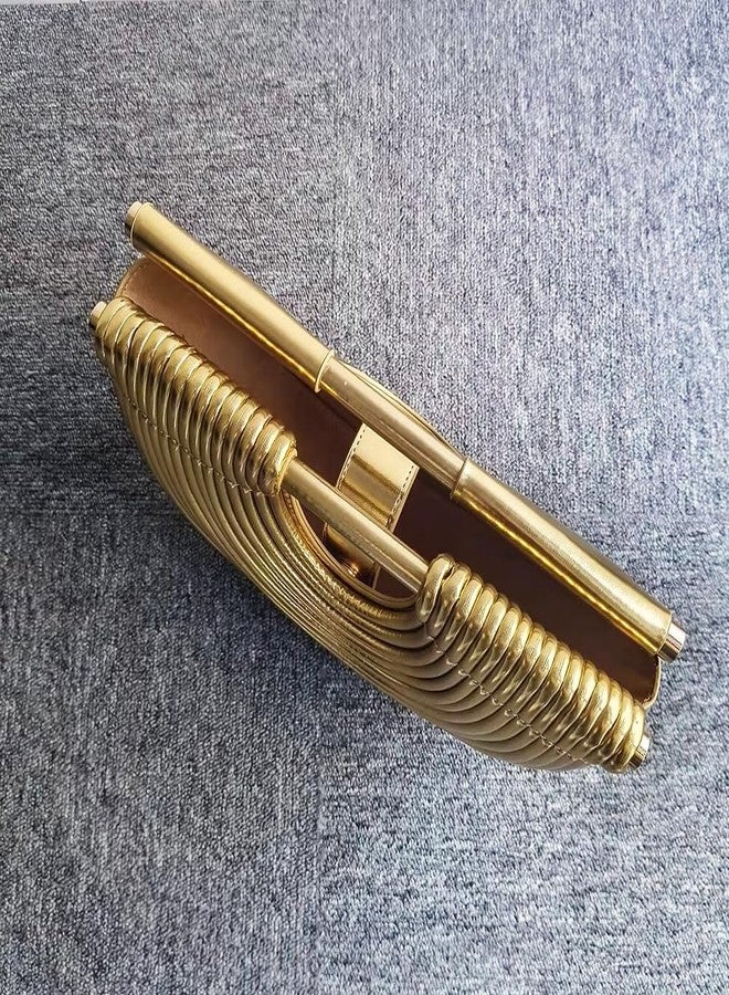 CUXVA Clutch Purses for Women Evening/Wedding Chic Half Round Woven Bag Formal PU Leather Purse Designer Handbags for Party Prom, Metallic Gold - Image 3