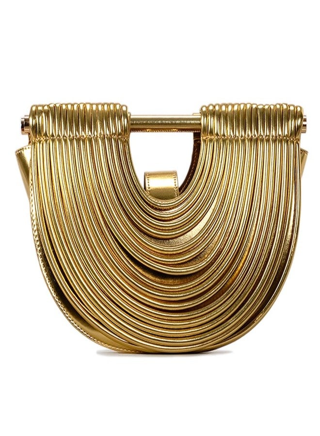 CUXVA Clutch Purses for Women Evening/Wedding Chic Half Round Woven Bag Formal PU Leather Purse Designer Handbags for Party Prom, Metallic Gold - Image 1