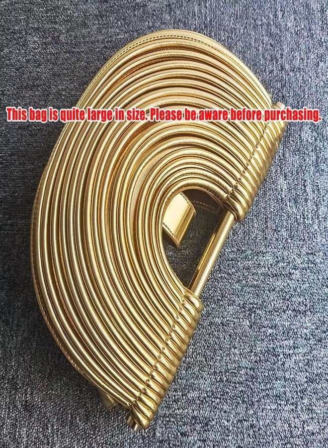 CUXVA Clutch Purses for Women Evening/Wedding Chic Half Round Woven Bag Formal PU Leather Purse Designer Handbags for Party Prom, Metallic Gold - Image 4