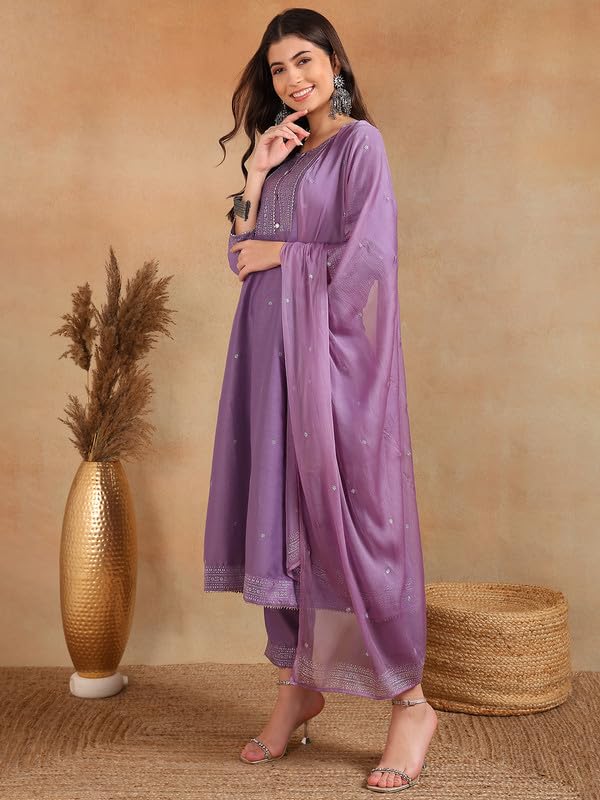 Vaamsi Women's Silk Blend Woven Design Anarkali Kurta Pant with Dupatta (VKSKD1779, Lavender, XL) - Image 4