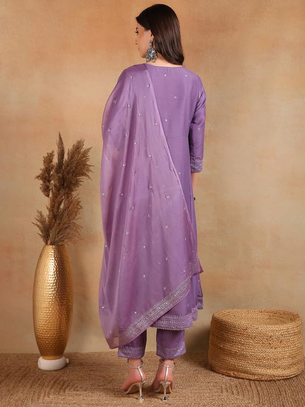 Vaamsi Women's Silk Blend Woven Design Anarkali Kurta Pant with Dupatta (VKSKD1779, Lavender, XL) - Image 2
