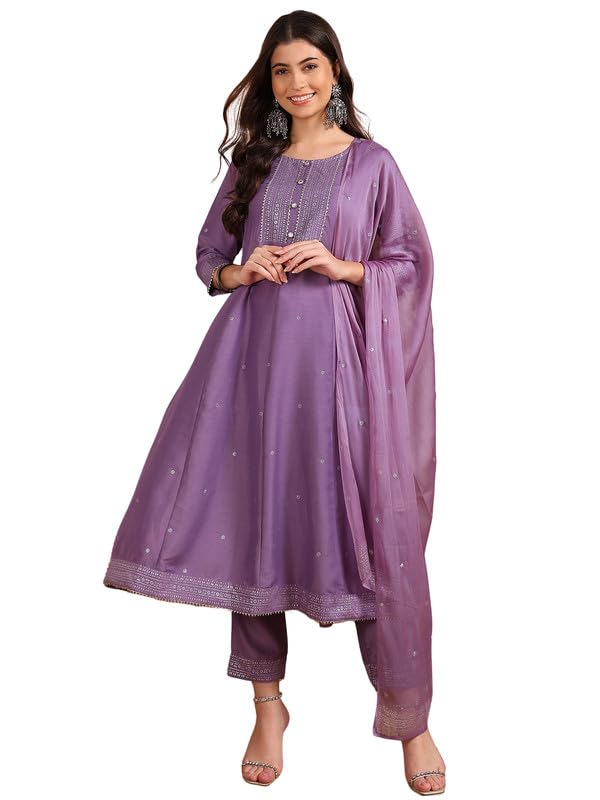 Vaamsi Women's Silk Blend Woven Design Anarkali Kurta Pant with Dupatta (VKSKD1779, Lavender, XL) - Image 1