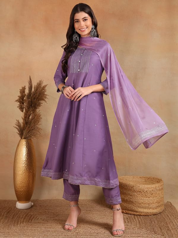 Vaamsi Women's Silk Blend Woven Design Anarkali Kurta Pant with Dupatta (VKSKD1779, Lavender, XL) - Image 3